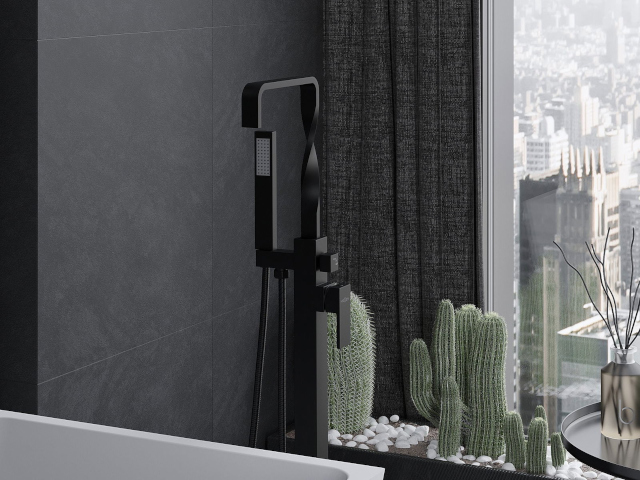 Mustat mattakivilaatat kylpyhuoneessa