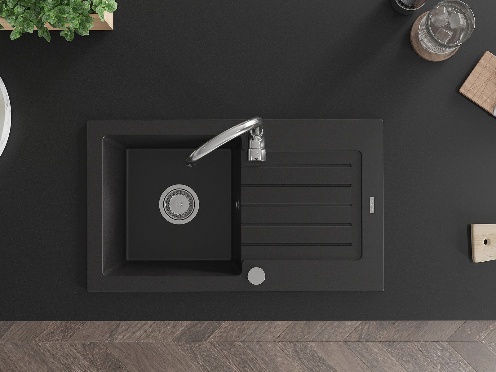 Yksialtainen tiskiallas tyhjennysritilällä