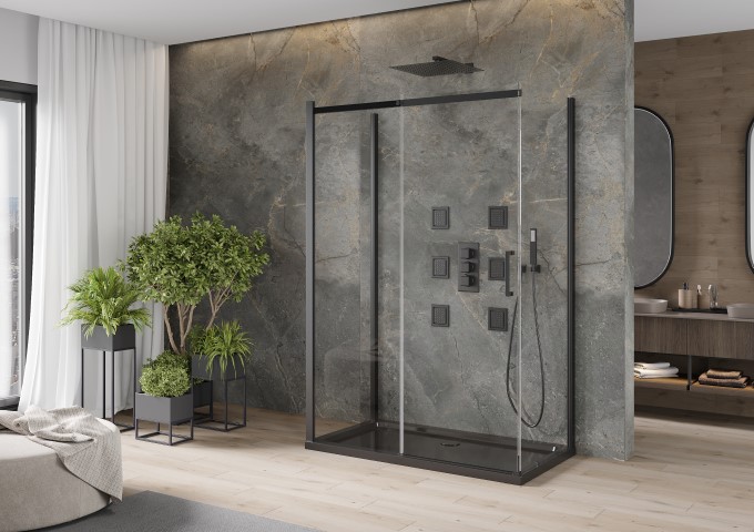 Nowoczesna kabina prysznicowa z czarnym brodzikiem