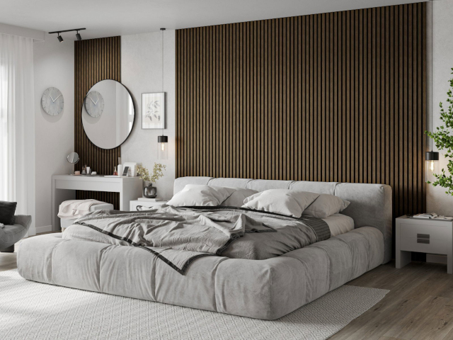 Makuuhuone saksanpähkinä lamelleilla Mexen