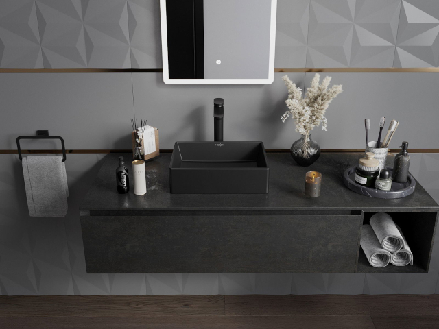 Tyylikäs musta kaappi pesualtaan alle kylpyhuonesuunnittelussa