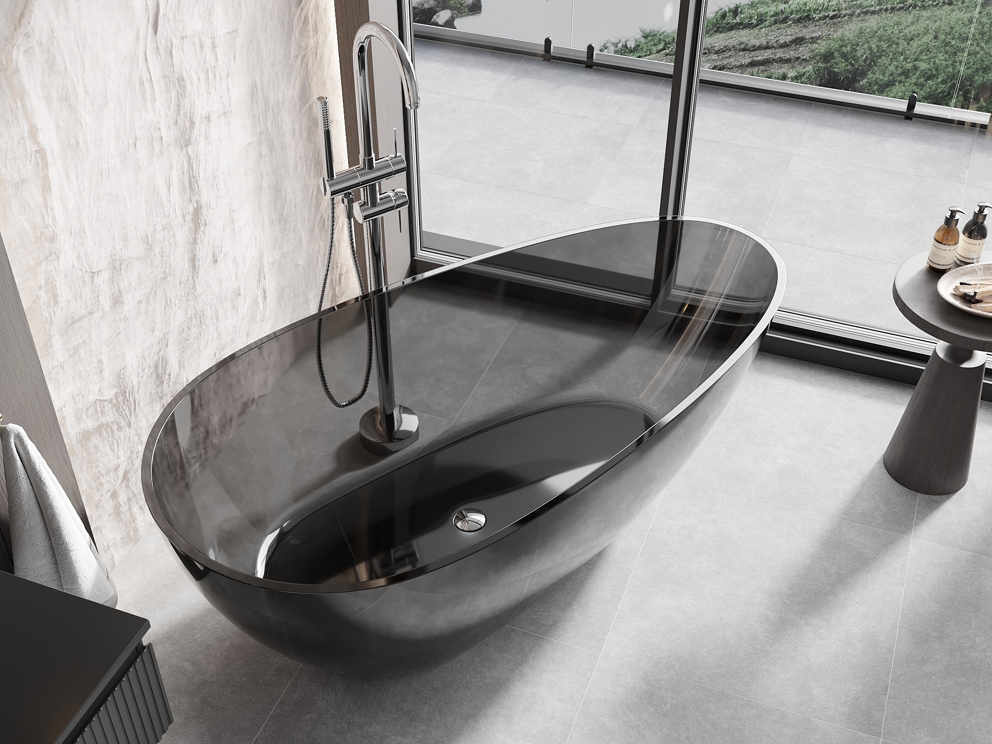 Läpinäkyvä hartsikylpyamme kylpyhuoneessa