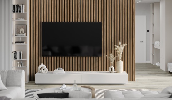 Olohuone lamelliseinällä