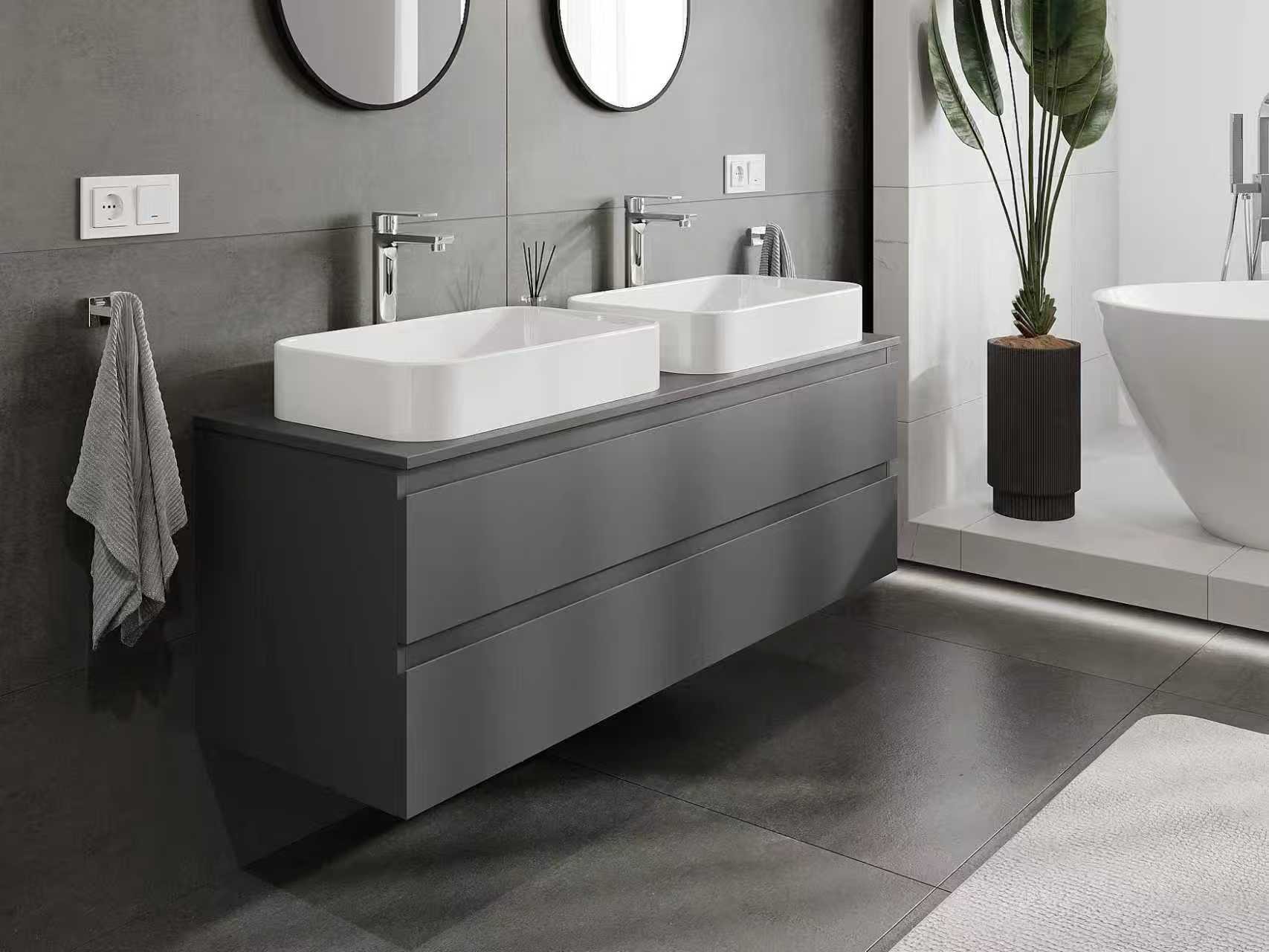 Antrasiitin värinen kylpyhuonekaappi kahdella pesualtaalla