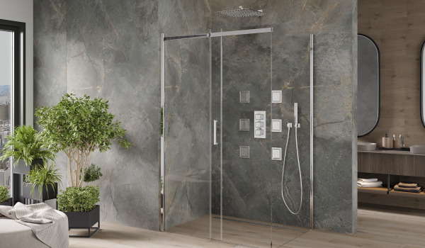 Minimalistinen kivinen suihkukoppi