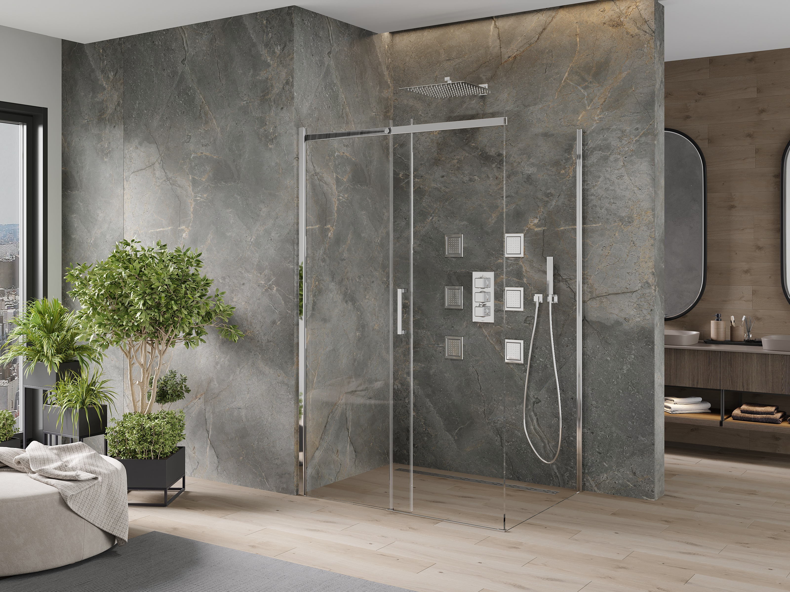 Minimalistinen kivinen suihkukoppi