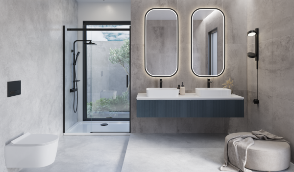 Moderni kylpyhuone kahdella tasoon upotettavalla pesualtaalla