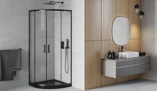 Mustaväri puolikaarinen kabina minimalistiseen tyyliin