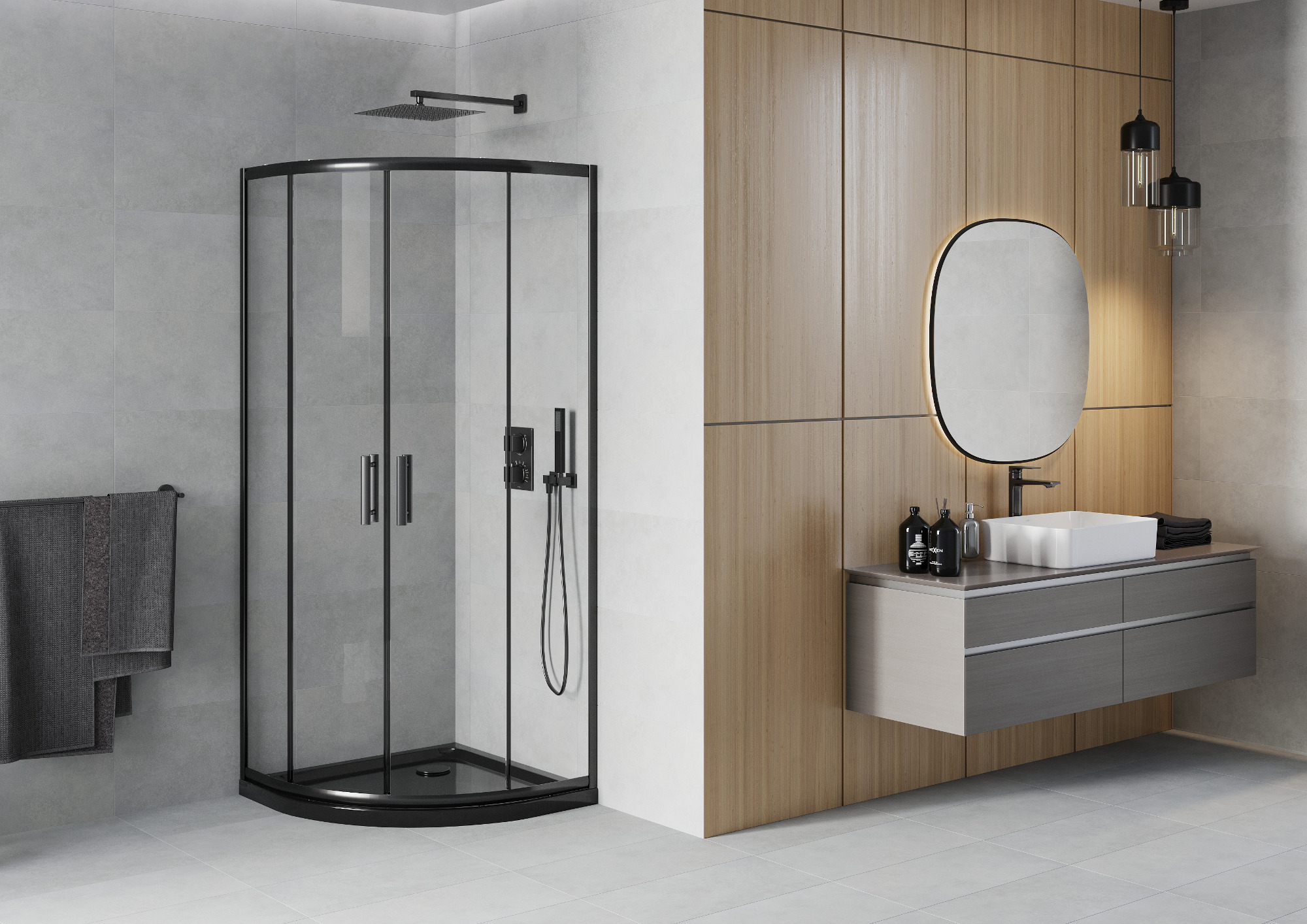 Mustaväri puolikaarinen kabina minimalistiseen tyyliin