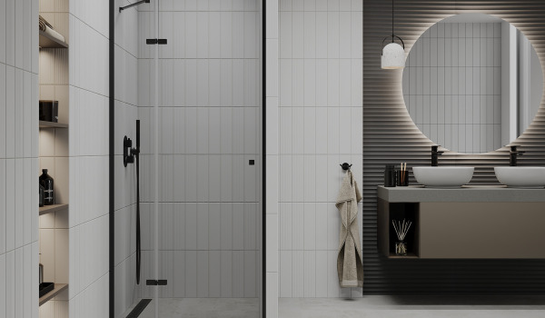 Hillitty kylpyhuone suihkuovilla