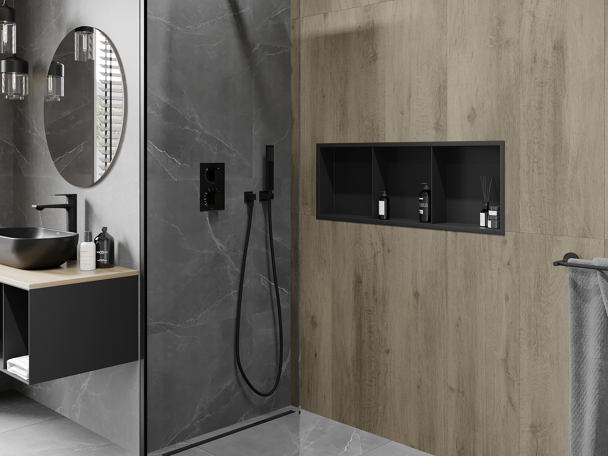 Teollinen kylpyhuone sisäänrakennetulla hyllyllä suihkun alla