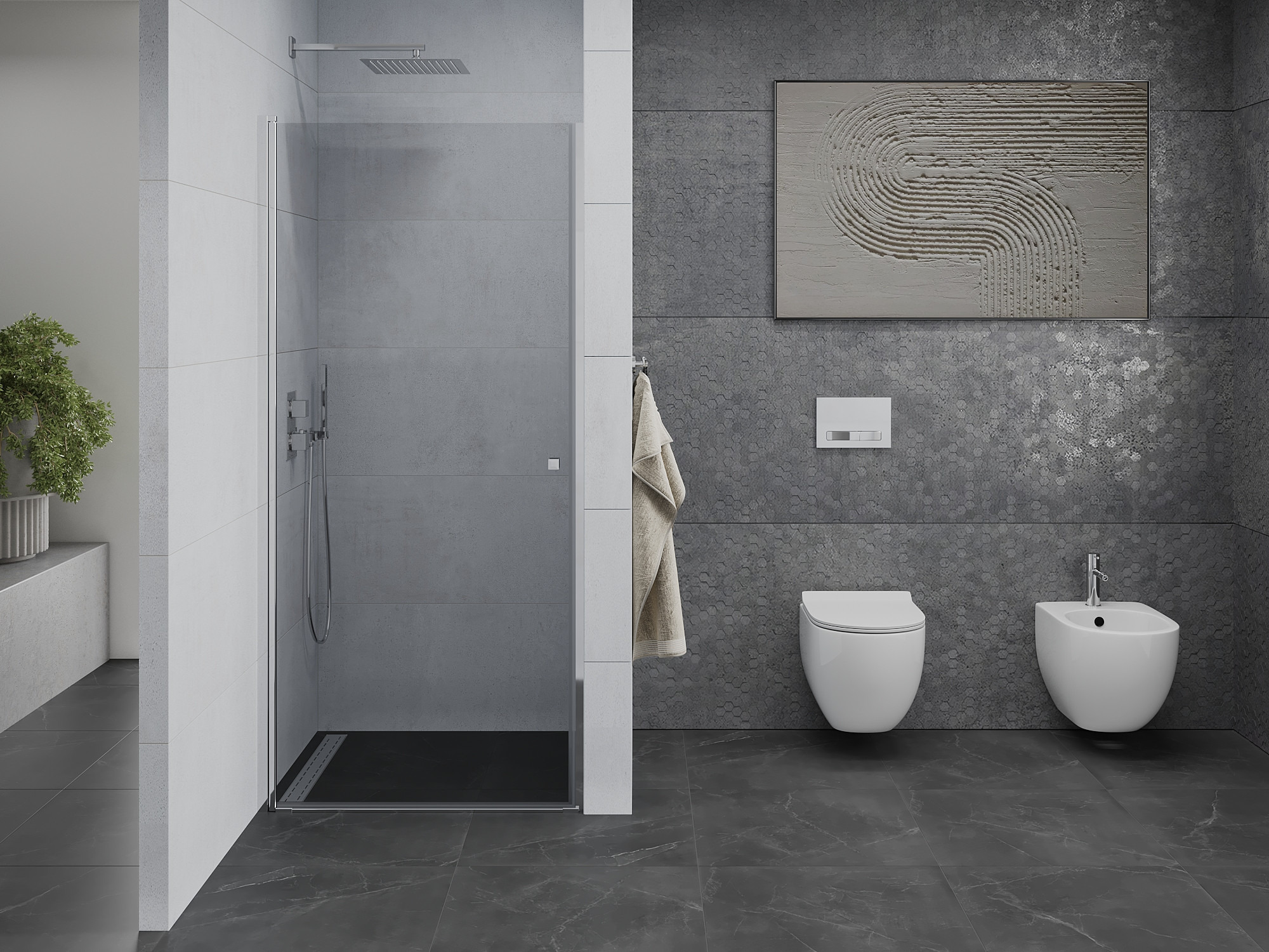 Tilava kylpyhuone suihkuovilla