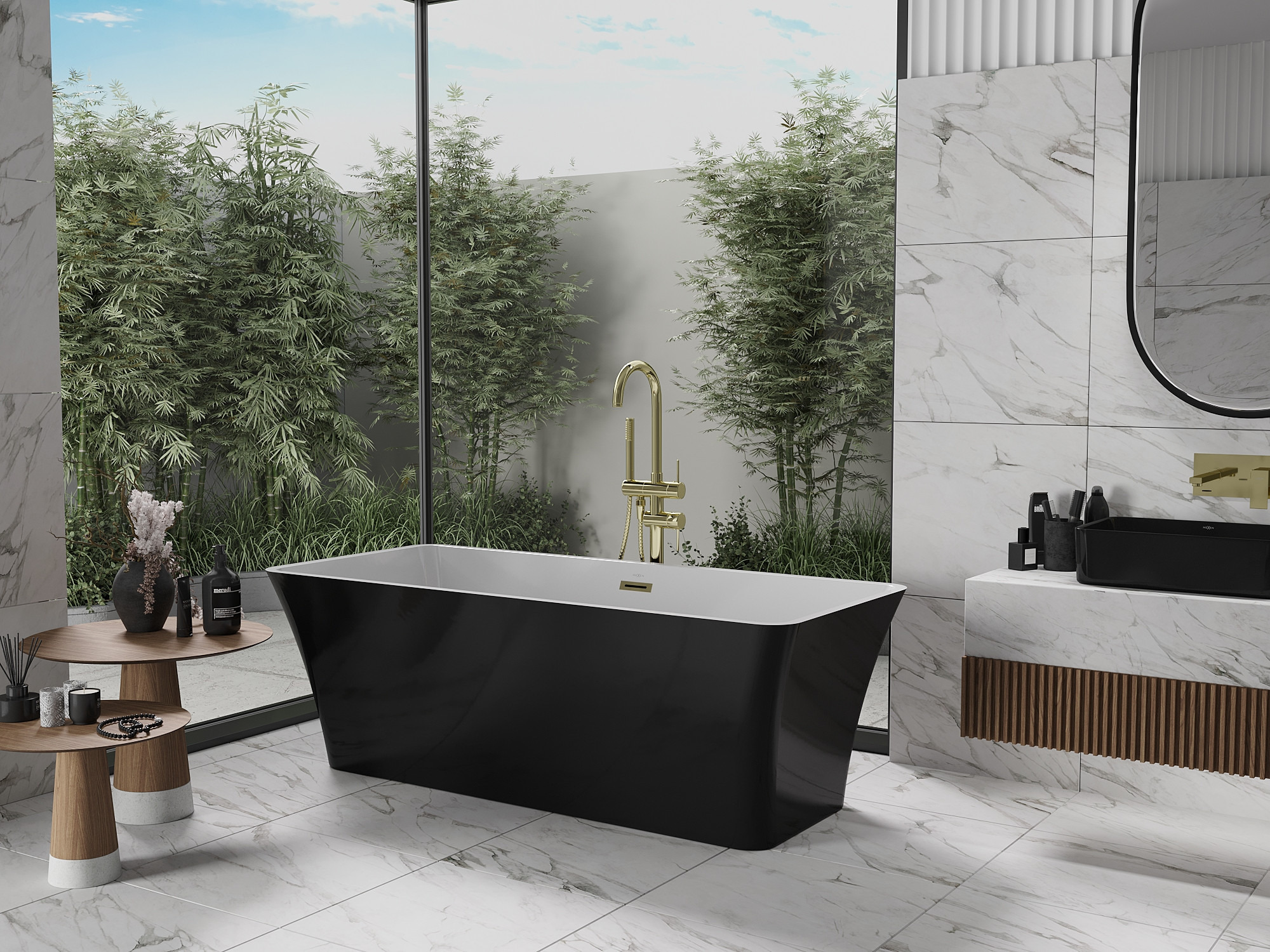 Mustan ja kullan yhdistelmä marmorikylpyhuoneessa