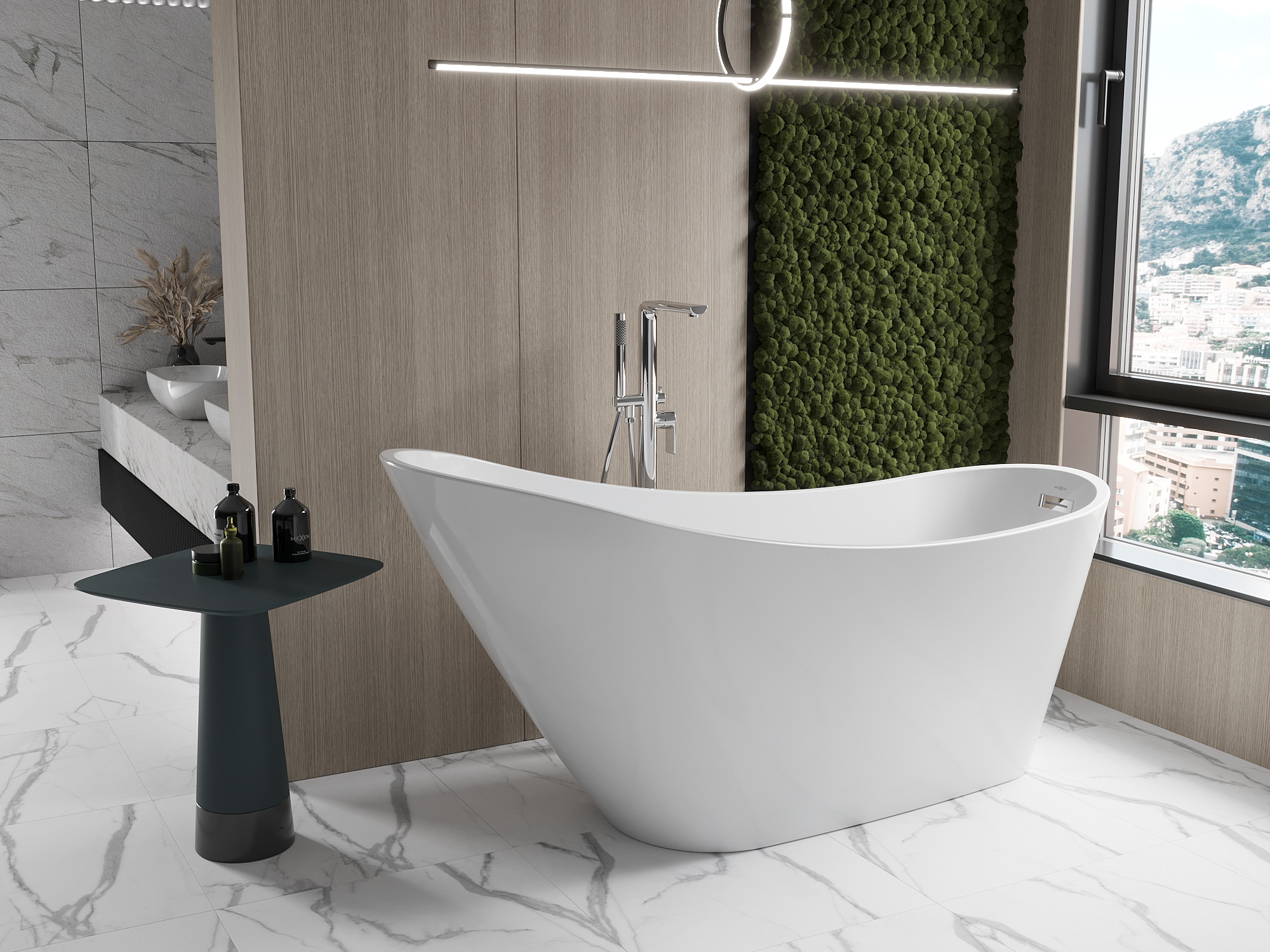 Kodikas kylpyhuone maan väreissä - seinä sammalta