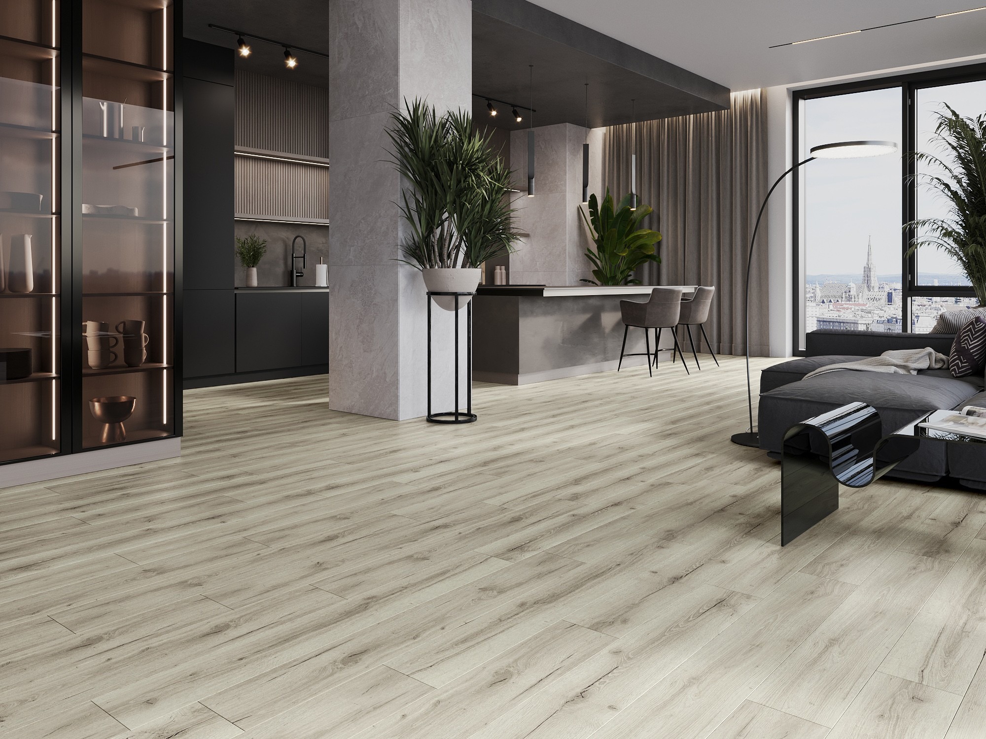 Ylelliset vinyylipaneelit keittiössä ja olohuoneessa