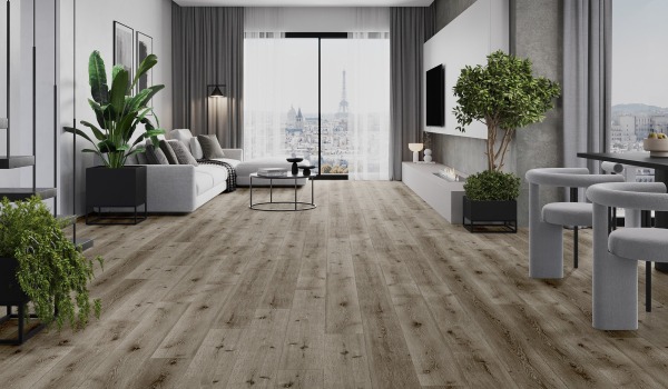 Moderni olohuone puuta jäljittelevällä lattialla
