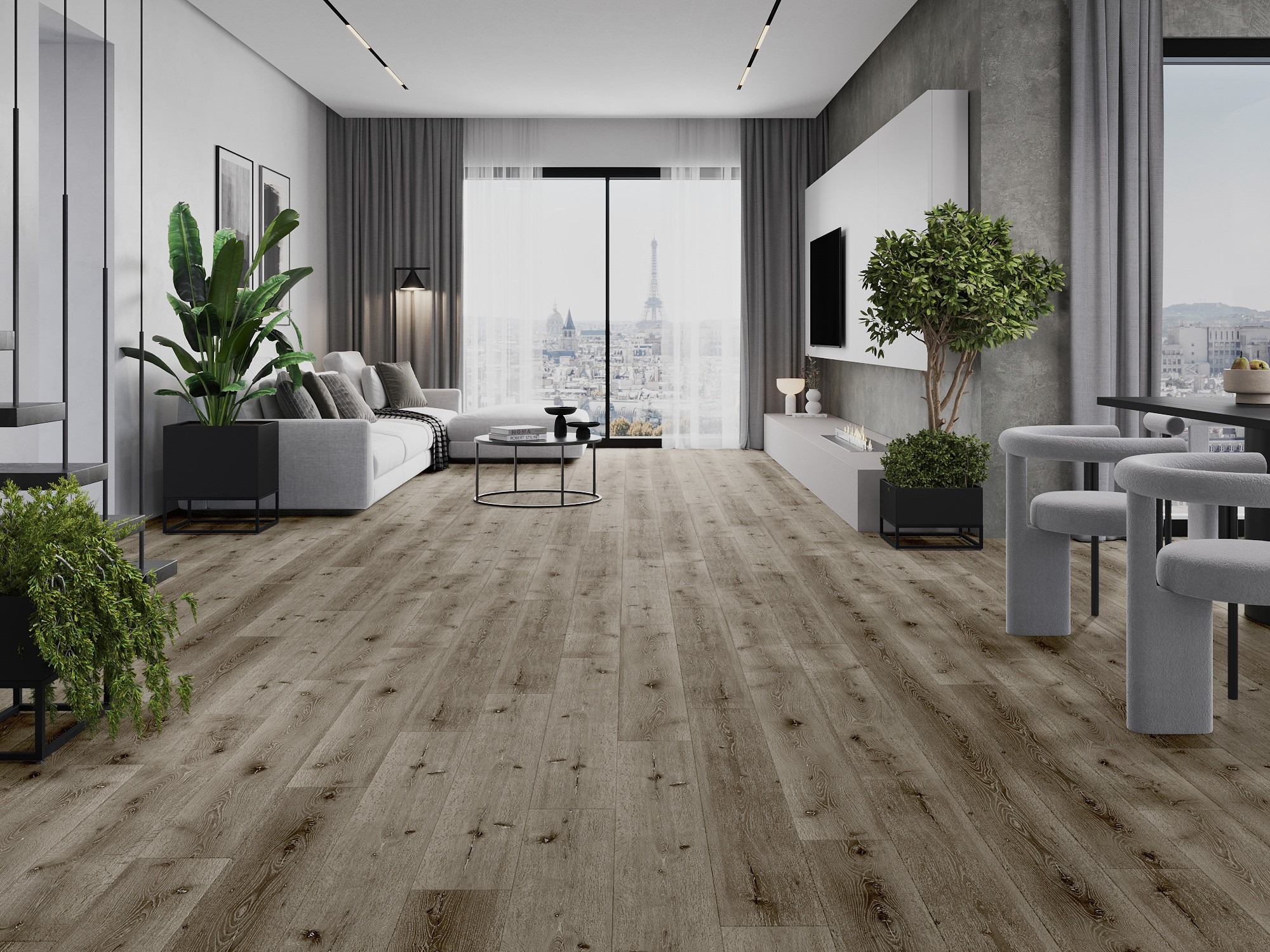 Moderni olohuone puuta jäljittelevällä lattialla